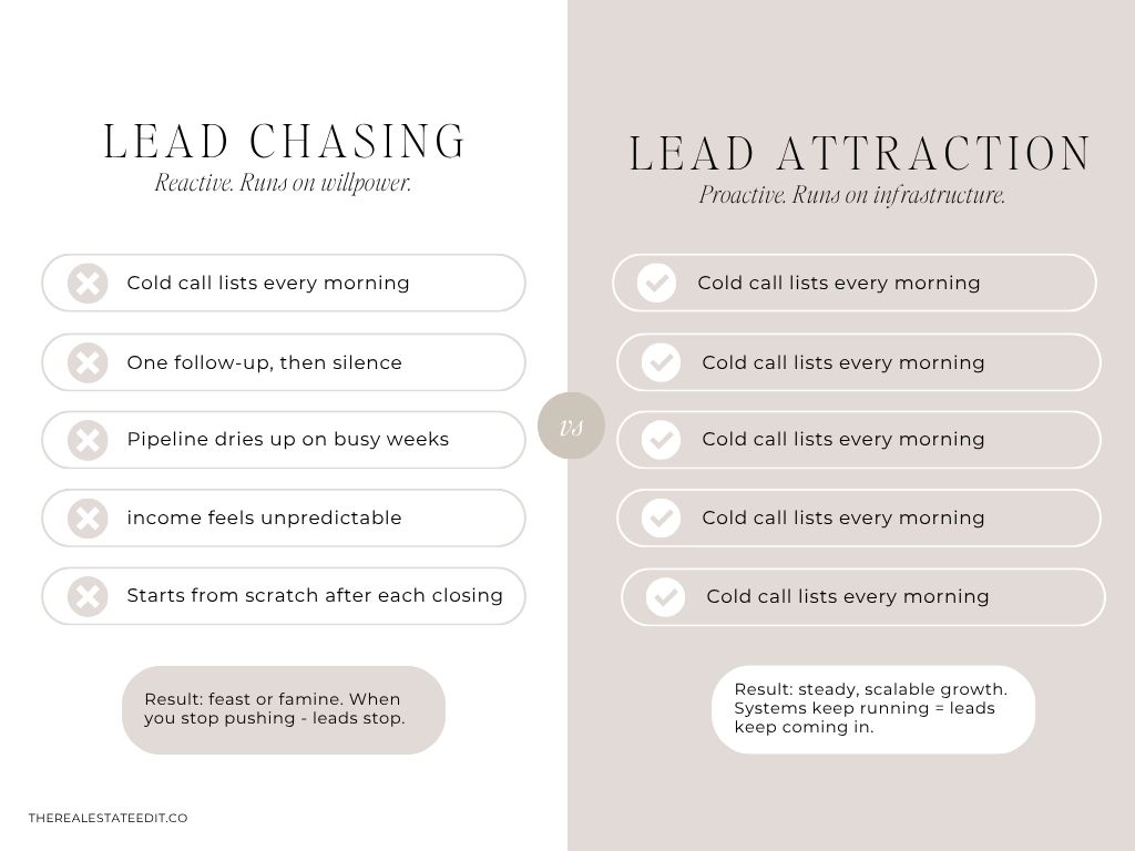 Lead chasing vs lead attraction comparison diagram for real estate agents